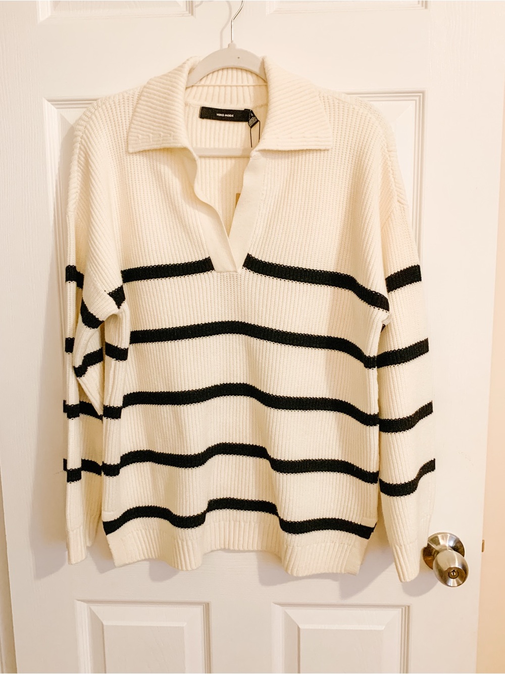 Vero Moda Cream and Black Striped V-Neck Collared Sweater